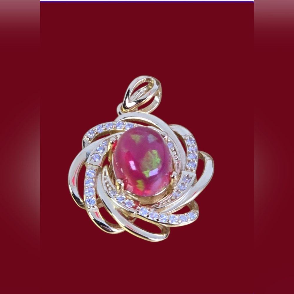 925 Sterling Silver 14K Yellow Gold Plated Pendant with Natural Red Opal & Cz - Picture 8 of 8
